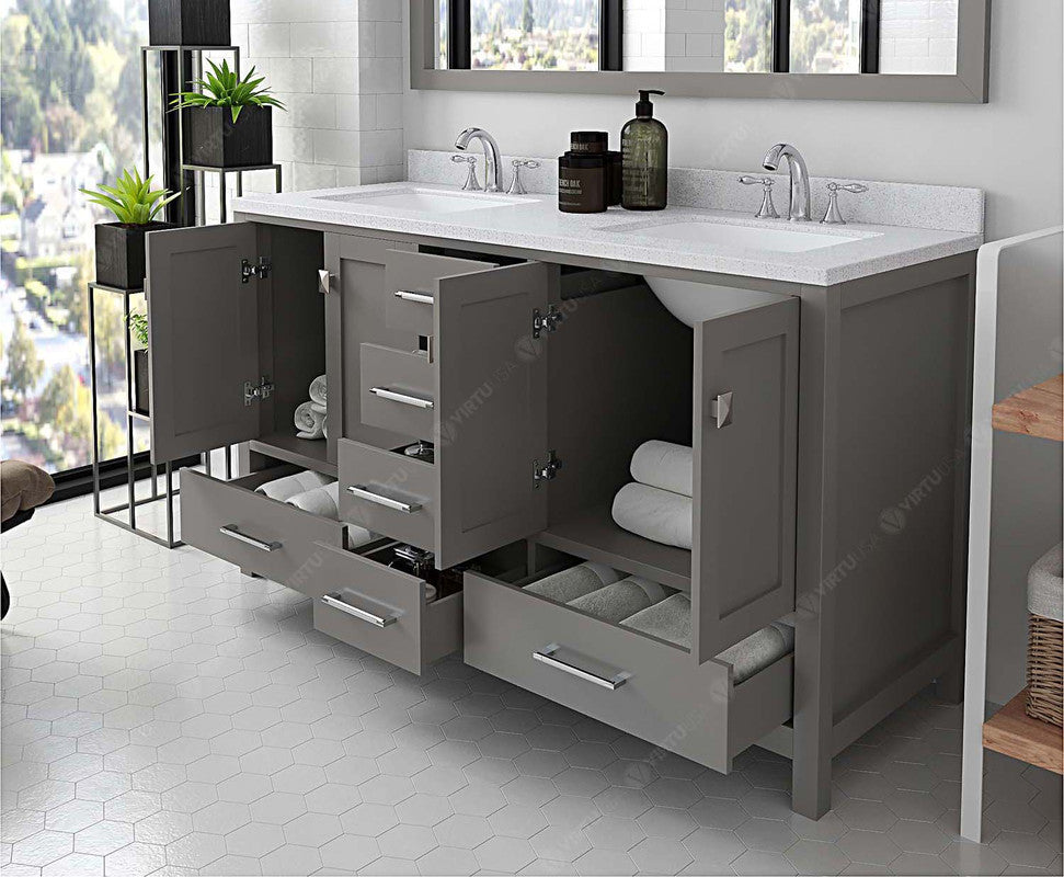 VHG GD-50060-DWQSQ-GR-NM Caroline Avenue 60" Double Bath Vanity in Gray with White Quartz Top and Square Sinks