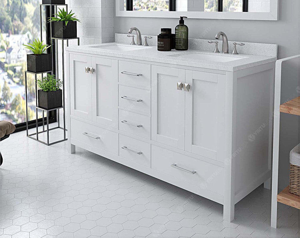 VHG GD-50060-DWQSQ-WH-NM Caroline Avenue 60" Double Bath Vanity in White with White Quartz Top and Square Sinks