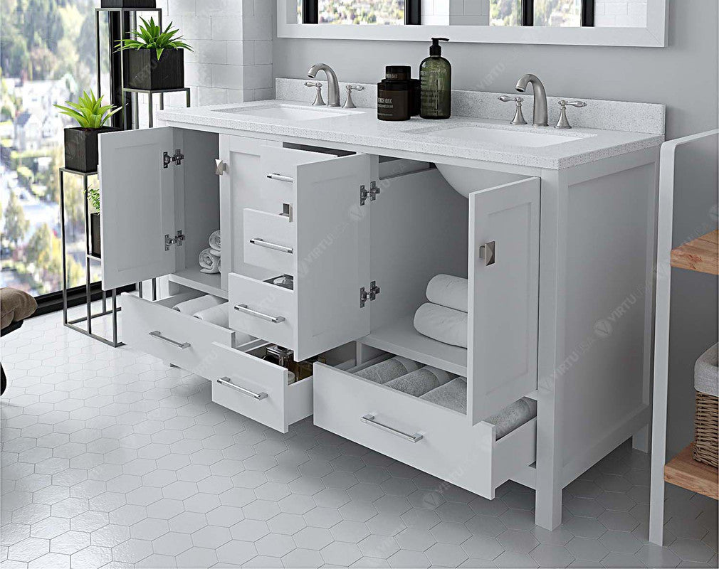 VHG GD-50060-DWQSQ-WH-NM Caroline Avenue 60" Double Bath Vanity in White with White Quartz Top and Square Sinks