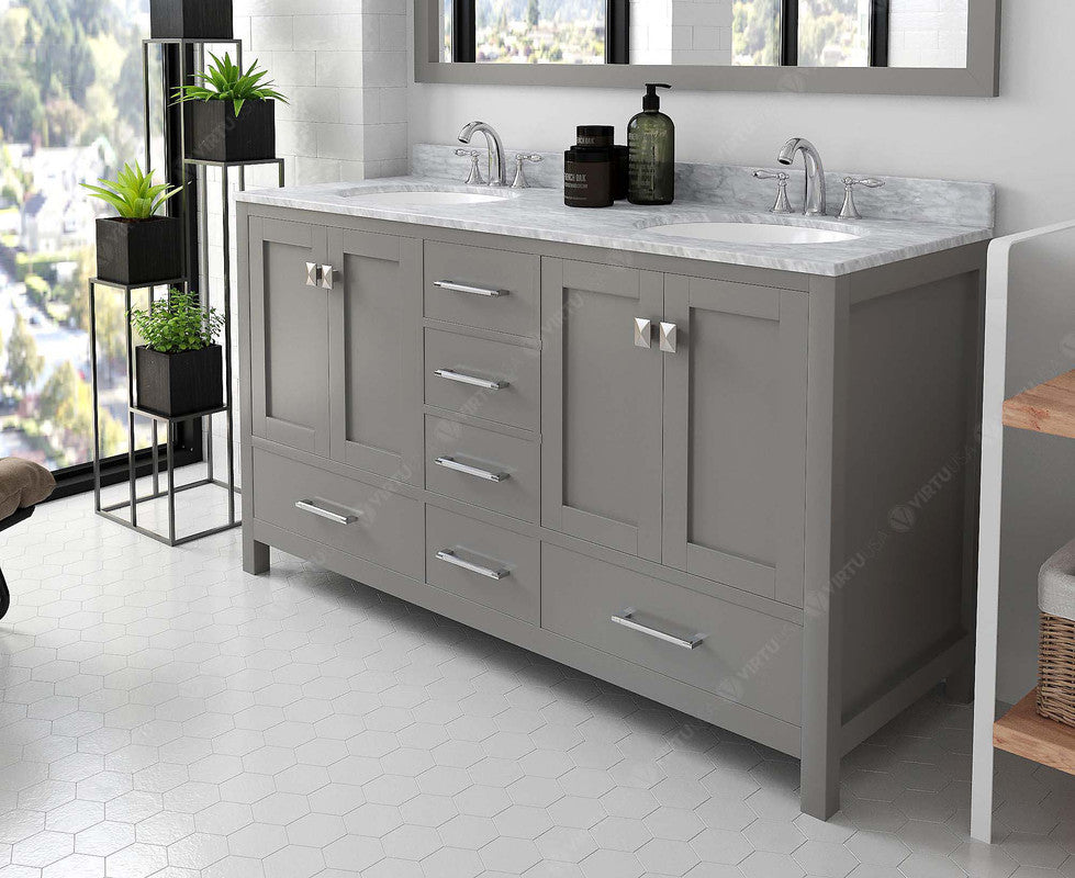 VHG GD-50060-WMRO-GR-NM Caroline Avenue 60" Double Bath Vanity in Gray with White Marble Top and Round Sinks