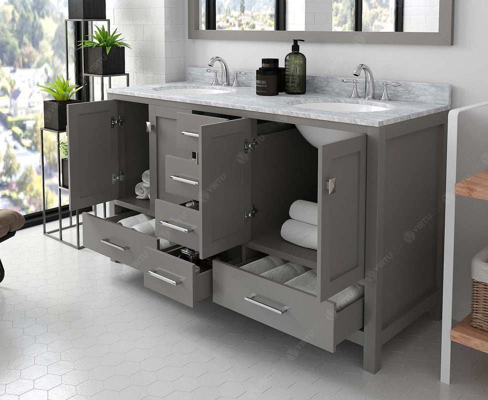 VHG GD-50060-WMRO-GR-NM Caroline Avenue 60" Double Bath Vanity in Gray with White Marble Top and Round Sinks