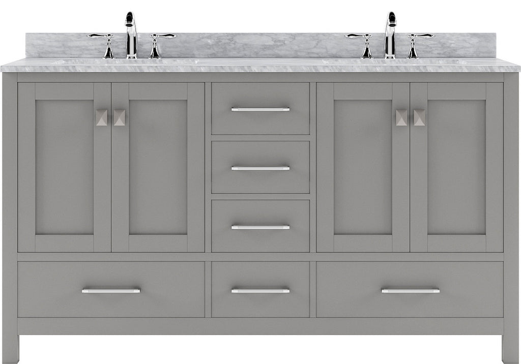 VHG GD-50060-WMRO-GR-NM Caroline Avenue 60" Double Bath Vanity in Gray with White Marble Top and Round Sinks