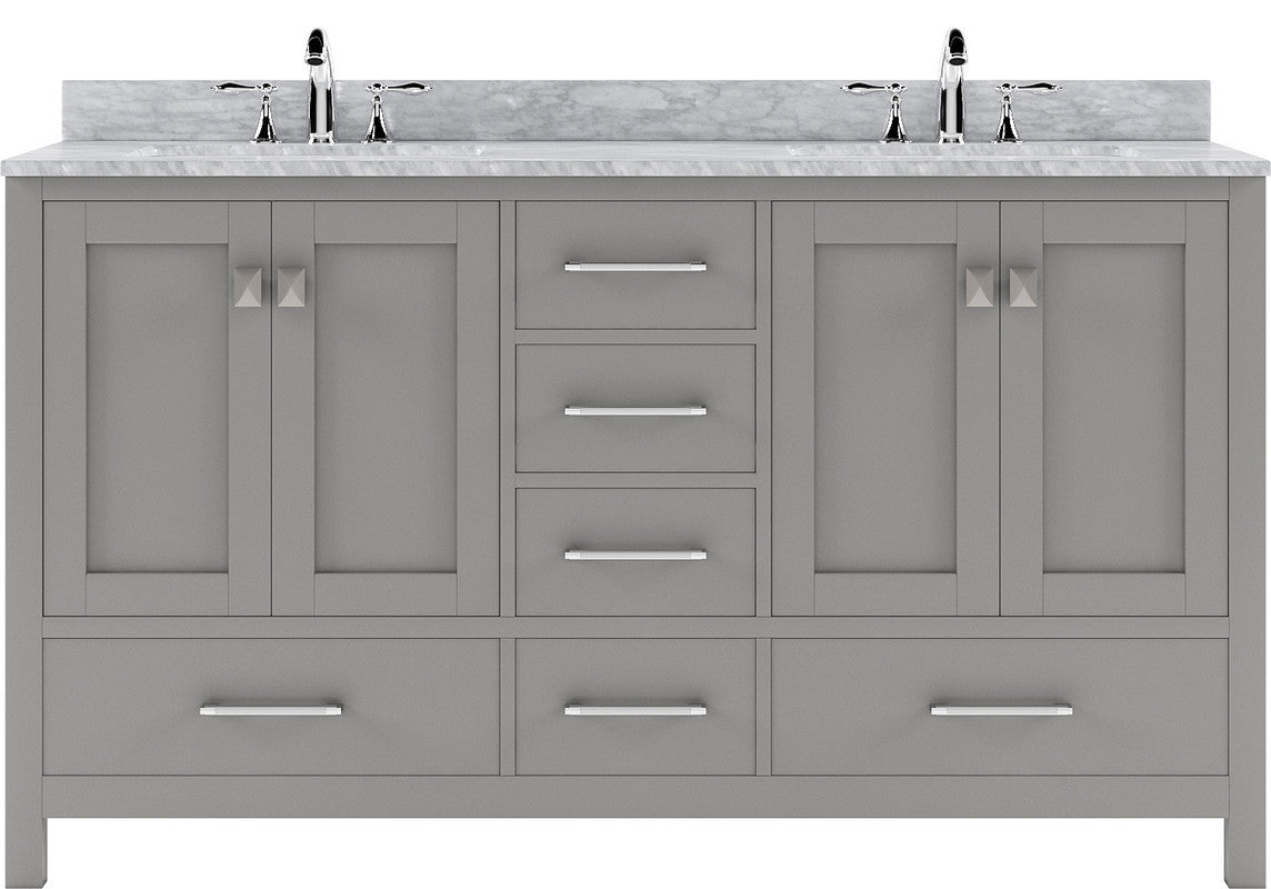 VHG GD-50060-WMSQ-GR-NM Caroline Avenue 60" Double Bath Vanity in Gray with White Marble Top and Square Sinks