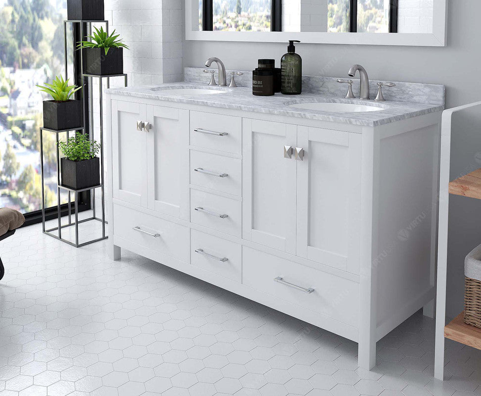 VHG GD-50060-WMRO-WH-NM Caroline Avenue 60" Double Bath Vanity in White with White Marble Top and Round Sinks