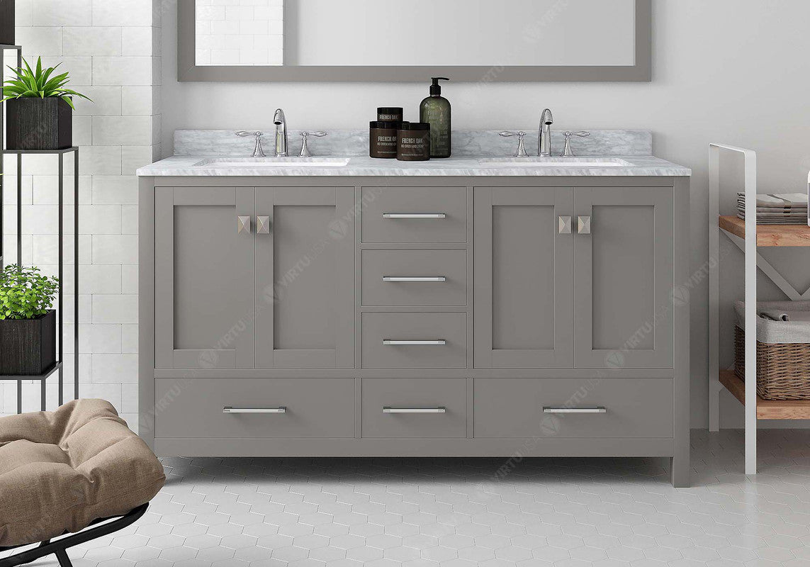 VHG GD-50060-WMSQ-GR-NM Caroline Avenue 60" Double Bath Vanity in Gray with White Marble Top and Square Sinks