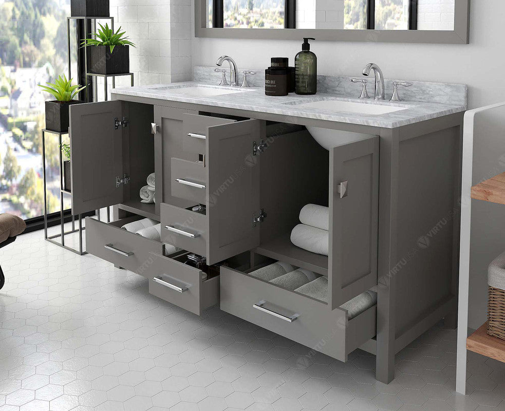 VHG GD-50060-WMSQ-GR-NM Caroline Avenue 60" Double Bath Vanity in Gray with White Marble Top and Square Sinks