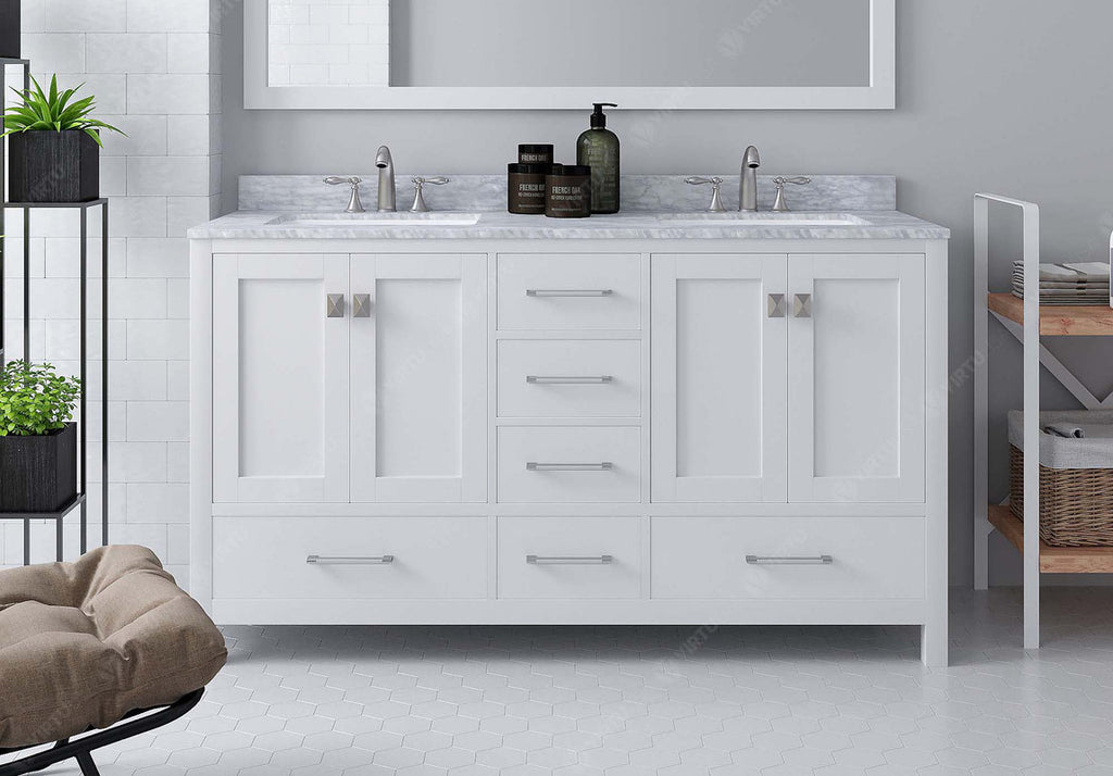 VHG GD-50060-WMSQ-WH-NM Caroline Avenue 60" Double Bath Vanity in White with White Marble Top and Square Sinks