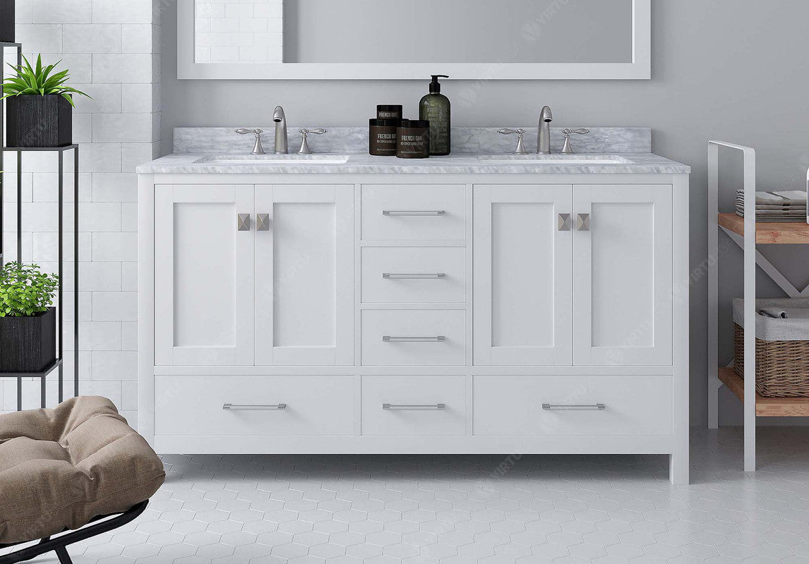 VHG GD-50060-WMSQ-WH-NM Caroline Avenue 60" Double Bath Vanity in White with White Marble Top and Square Sinks