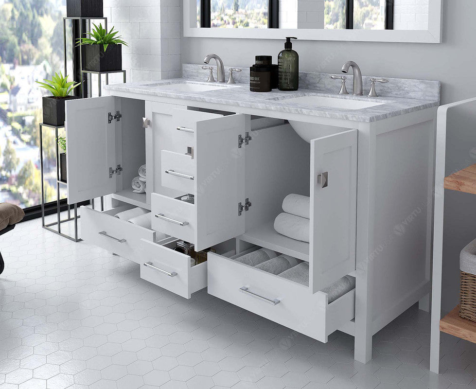 VHG GD-50060-WMSQ-WH-NM Caroline Avenue 60" Double Bath Vanity in White with White Marble Top and Square Sinks