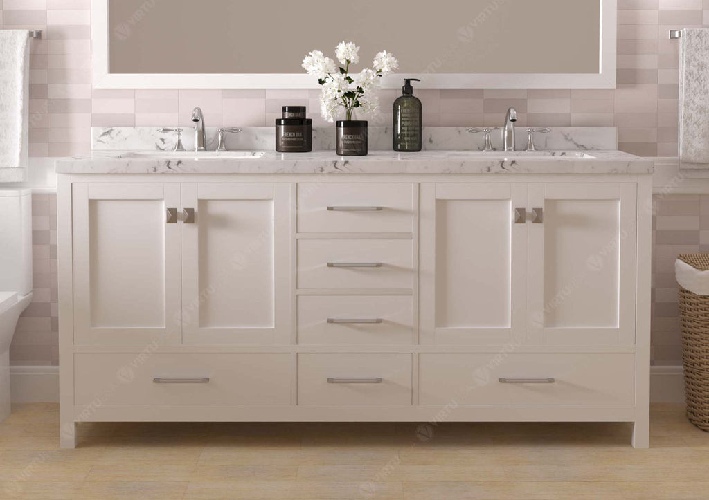 VHG GD-50072-CMSQ-WH-NM Caroline Avenue 72" Double Bath Vanity in White with Cultured Marble Quartz Top and Square Sinks