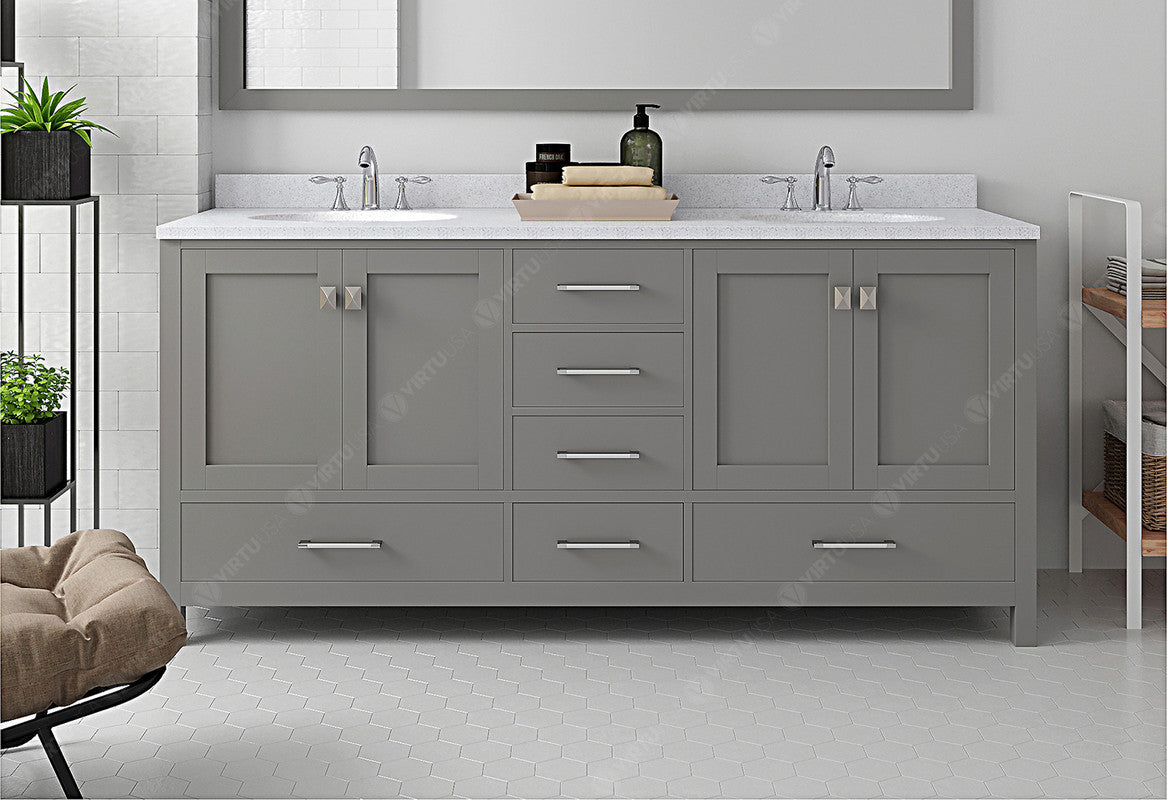 VHG GD-50072-DWQRO-GR-NM Caroline Avenue 72" Double Bath Vanity in Gray with White Quartz Top and Round Sinks