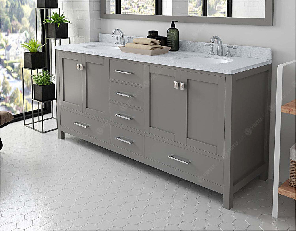 VHG GD-50072-DWQRO-GR-NM Caroline Avenue 72" Double Bath Vanity in Gray with White Quartz Top and Round Sinks