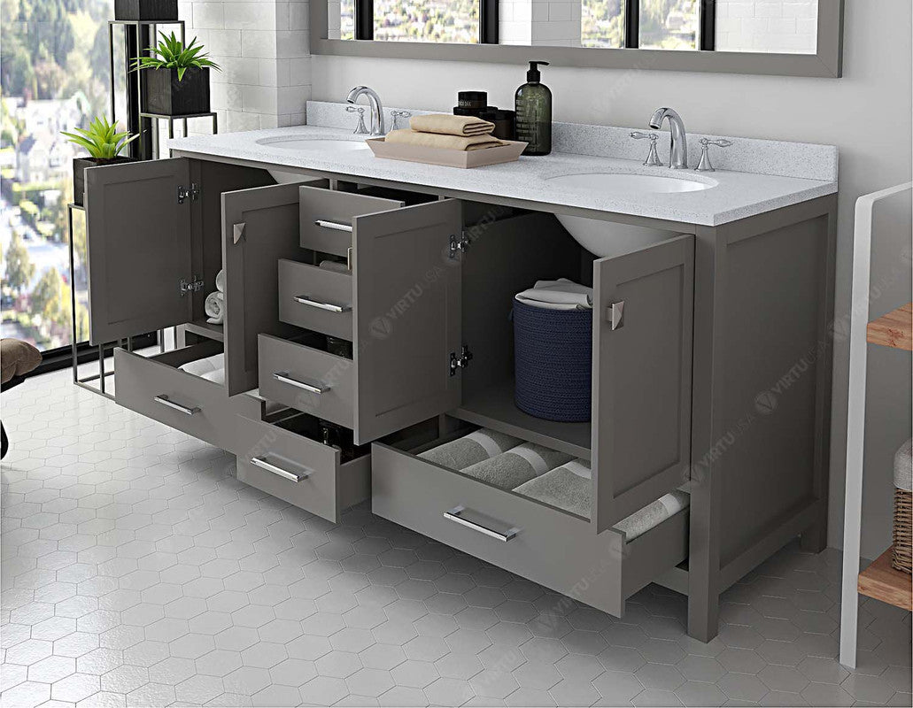 VHG GD-50072-DWQRO-GR-NM Caroline Avenue 72" Double Bath Vanity in Gray with White Quartz Top and Round Sinks