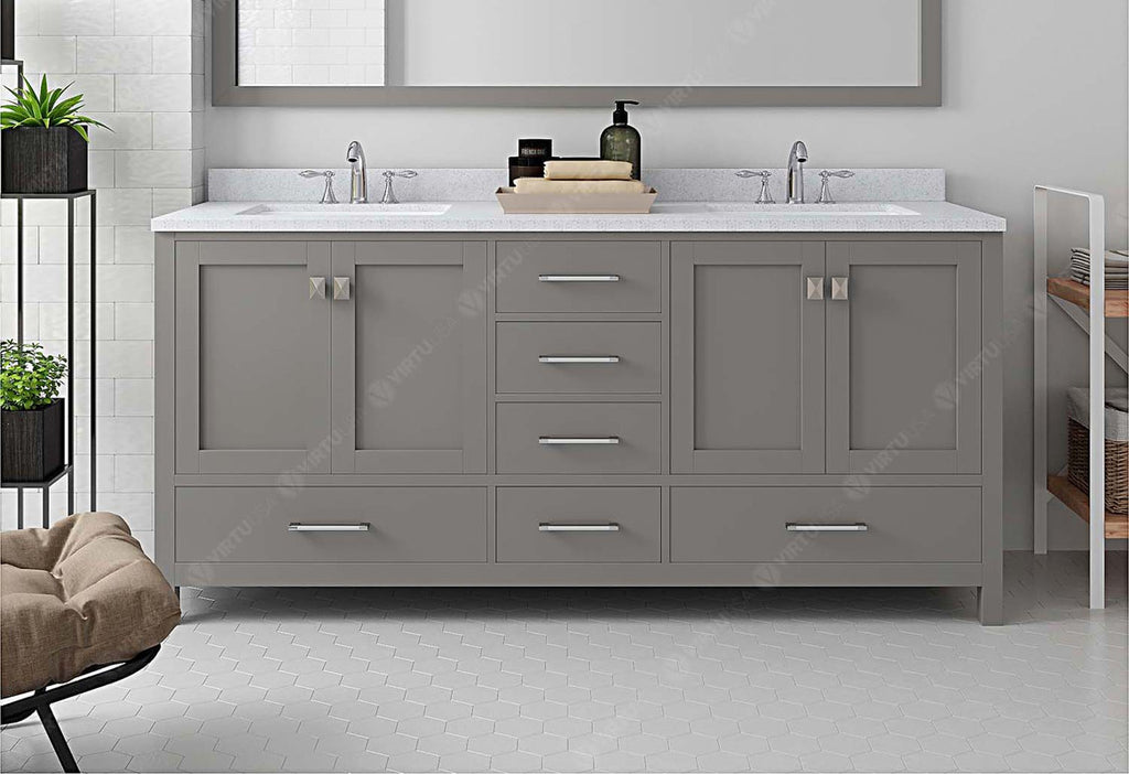 VHG GD-50072-DWQSQ-GR-NM Caroline Avenue 72" Double Bath Vanity in Gray with White Quartz Top and Square Sinks
