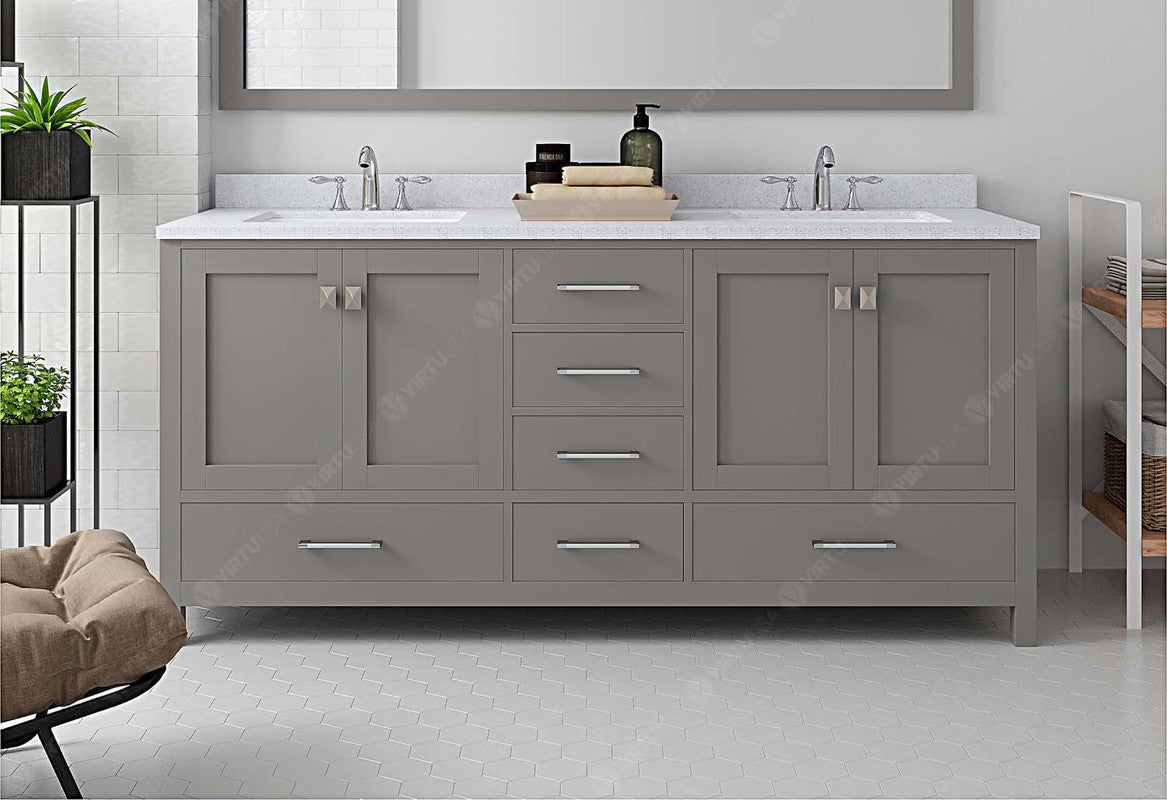 VHG GD-50072-DWQSQ-GR-NM Caroline Avenue 72" Double Bath Vanity in Gray with White Quartz Top and Square Sinks