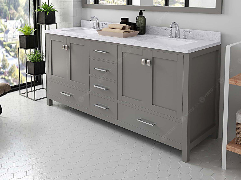 VHG GD-50072-DWQSQ-GR-NM Caroline Avenue 72" Double Bath Vanity in Gray with White Quartz Top and Square Sinks