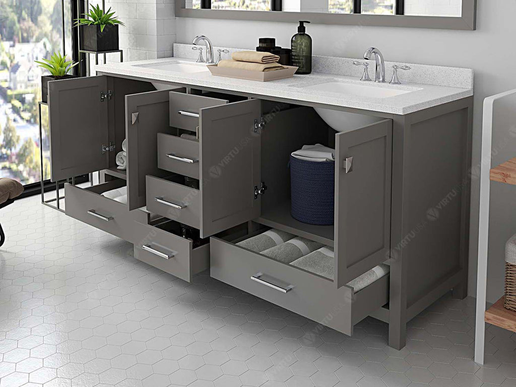 VHG GD-50072-DWQSQ-GR-NM Caroline Avenue 72" Double Bath Vanity in Gray with White Quartz Top and Square Sinks