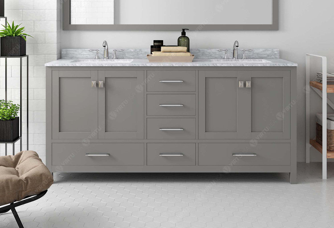 VHG GD-50072-WMRO-GR-NM Caroline Avenue 72" Double Bath Vanity in Gray with White Marble Top and Round Sinks
