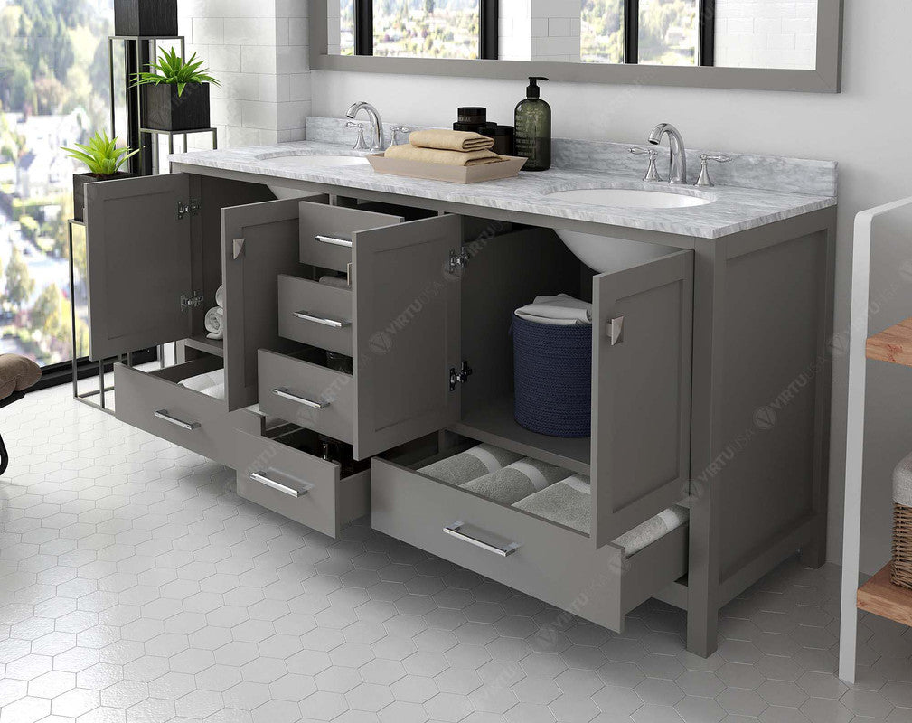 VHG GD-50072-WMRO-GR-NM Caroline Avenue 72" Double Bath Vanity in Gray with White Marble Top and Round Sinks