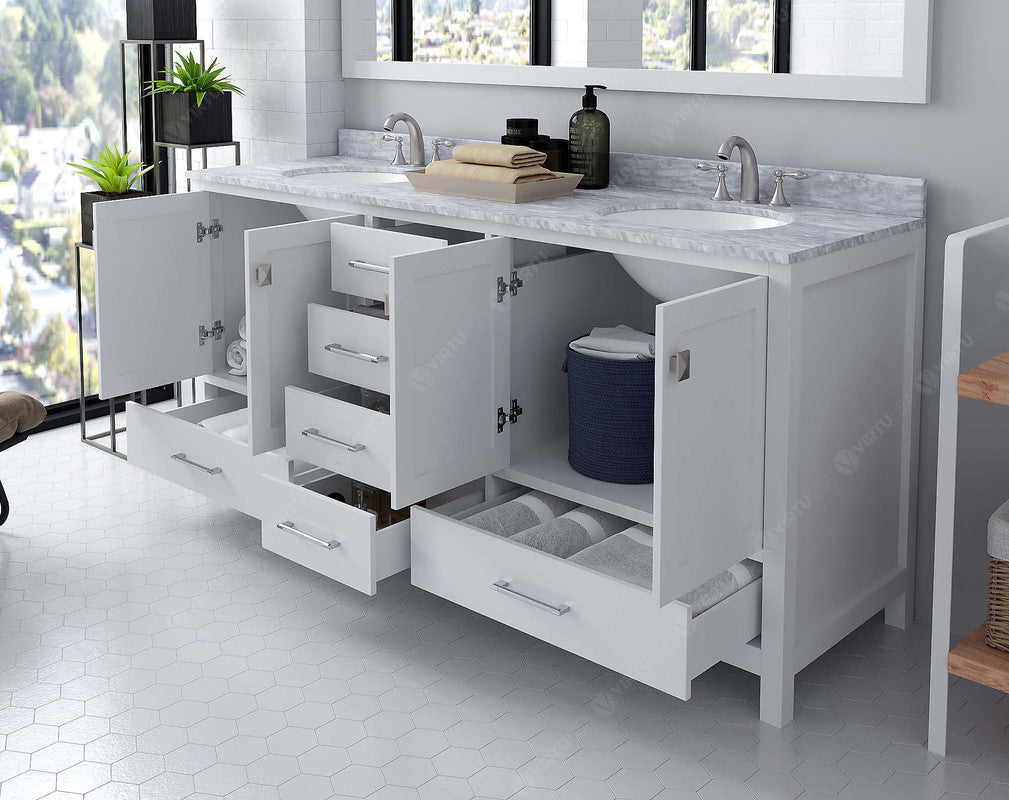 VHG GD-50072-WMRO-WH-NM Caroline Avenue 72" Double Bath Vanity in White with White Marble Top and Round Sinks