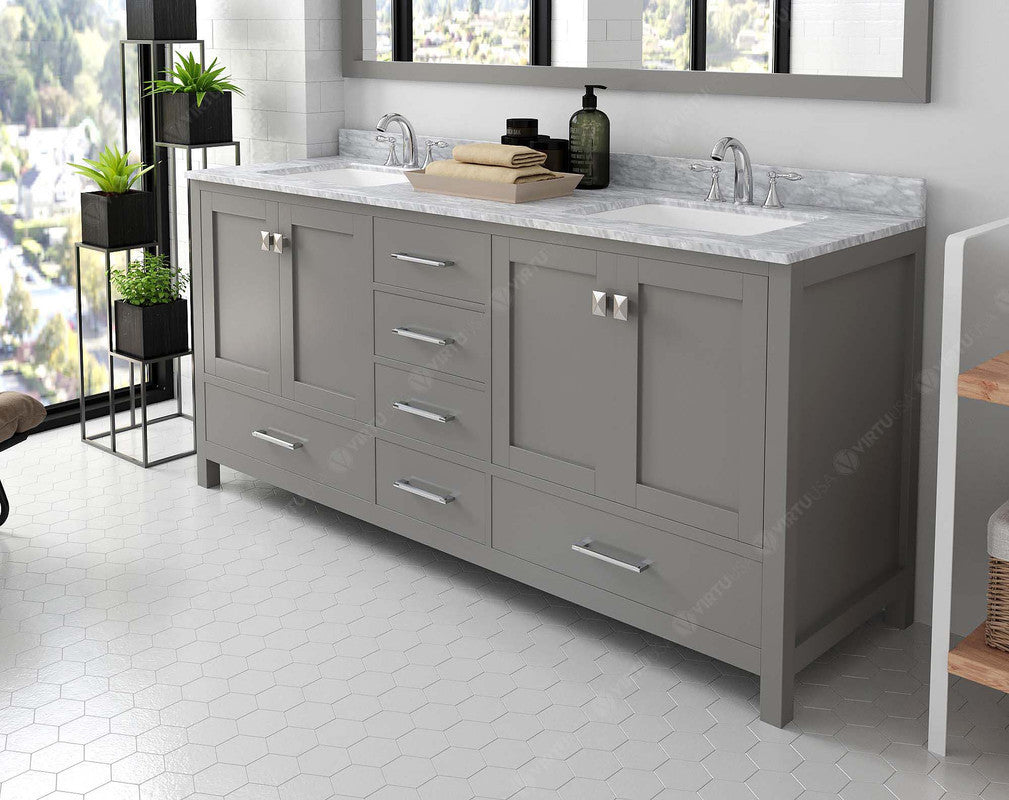 VHG GD-50072-WMSQ-GR-NM Caroline Avenue 72" Double Bath Vanity in Gray with White Marble Top and Square Sinks