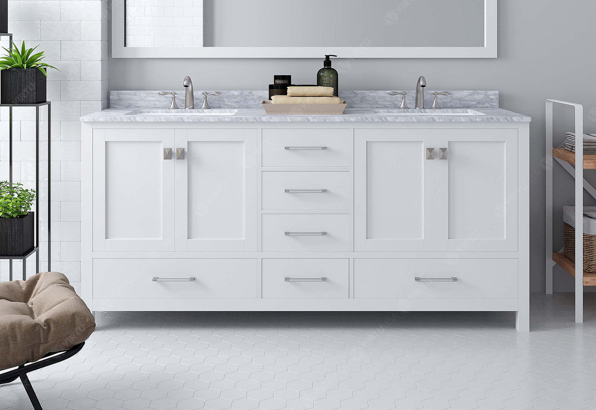 VHG GD-50072-WMSQ-WH-NM Caroline Avenue 72" Double Bath Vanity in White with White Marble Top and Square Sinks