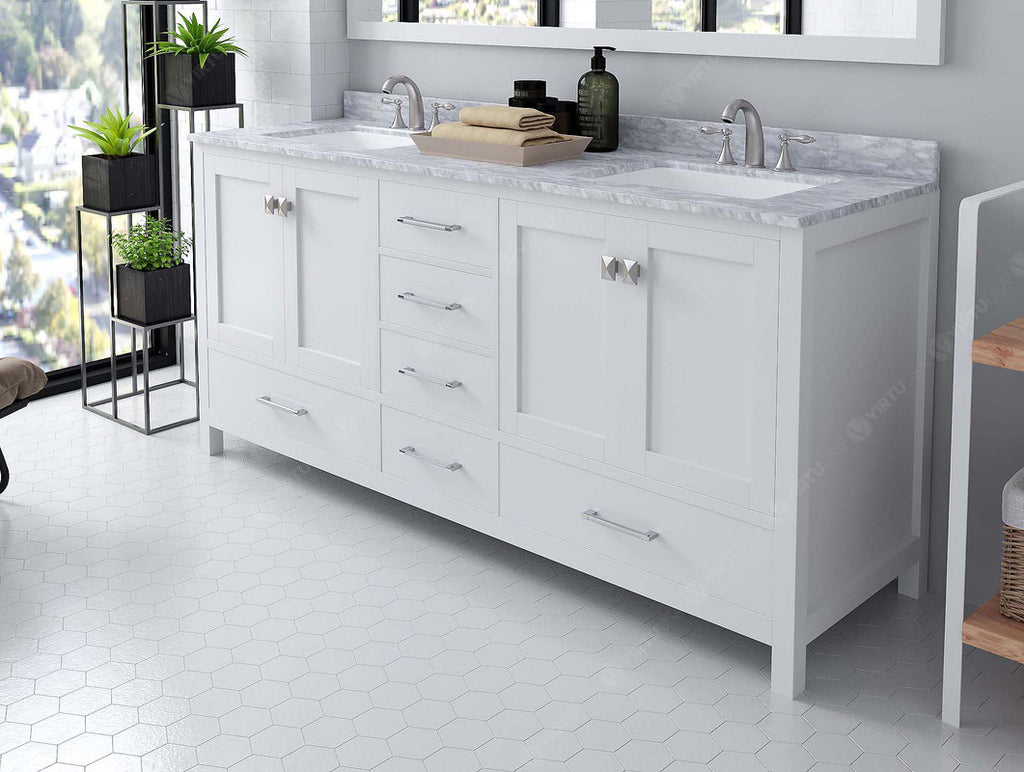 VHG GD-50072-WMSQ-WH-NM Caroline Avenue 72" Double Bath Vanity in White with White Marble Top and Square Sinks