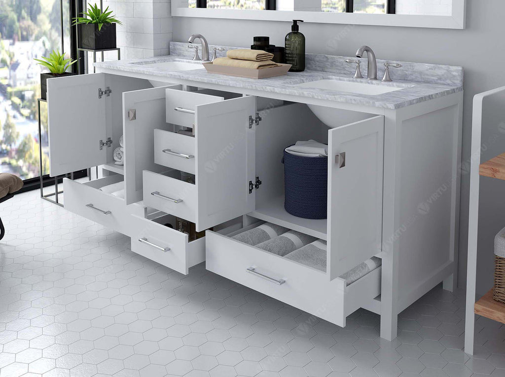VHG GD-50072-WMSQ-WH-NM Caroline Avenue 72" Double Bath Vanity in White with White Marble Top and Square Sinks