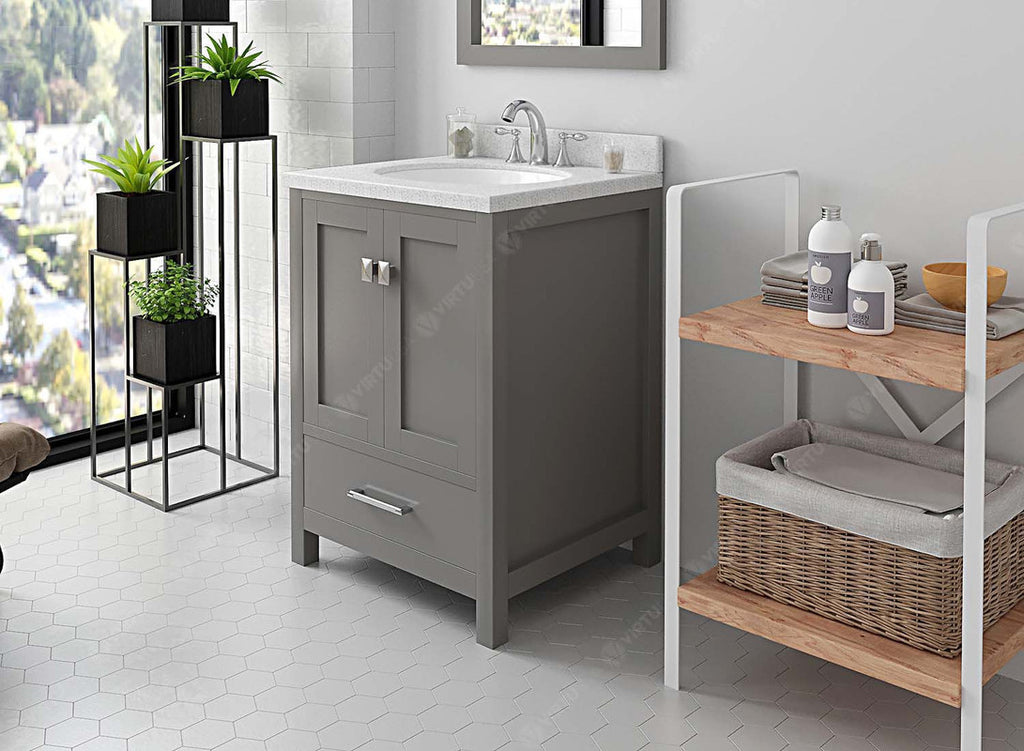 VHG GS-50024-DWQRO-GR-NM Caroline Avenue 24" Single Bath Vanity in Gray with White Quartz Top and Round Sink