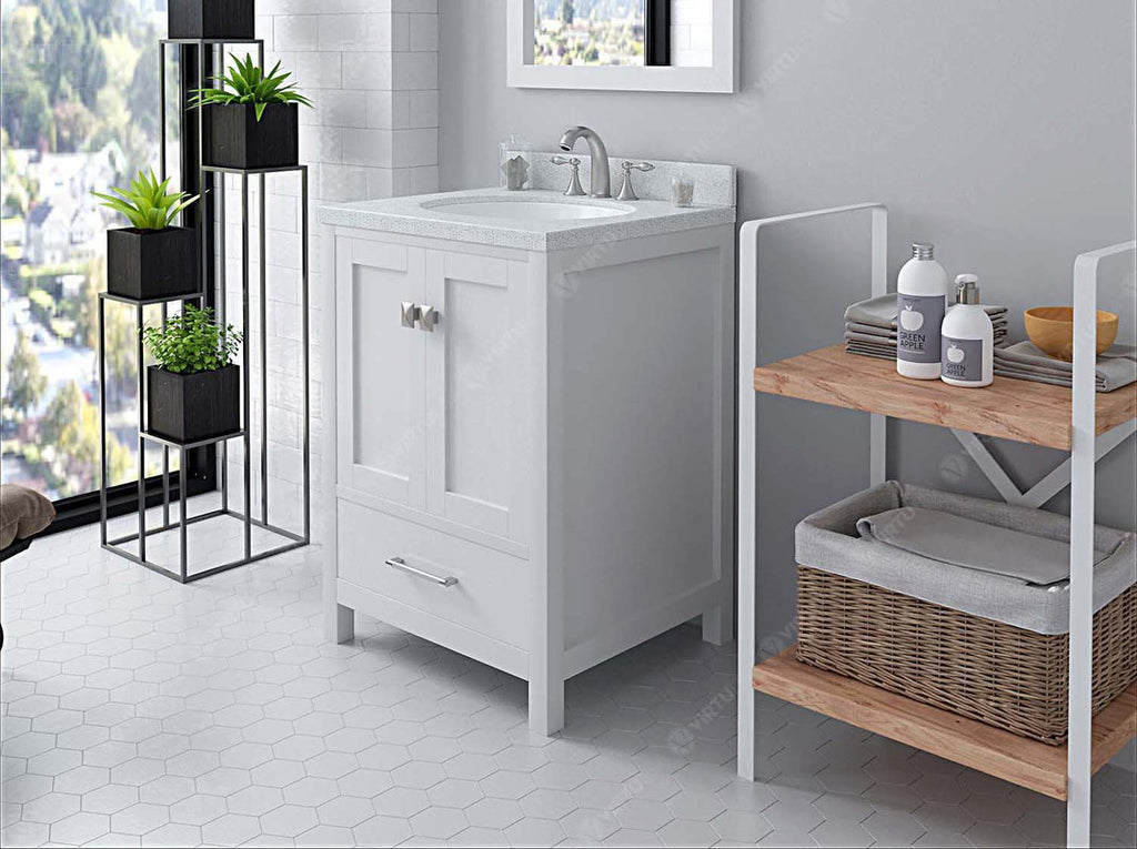 VHG GS-50024-DWQRO-WH-NM Caroline Avenue 24" Single Bath Vanity in White with White Quartz Top and Round Sink