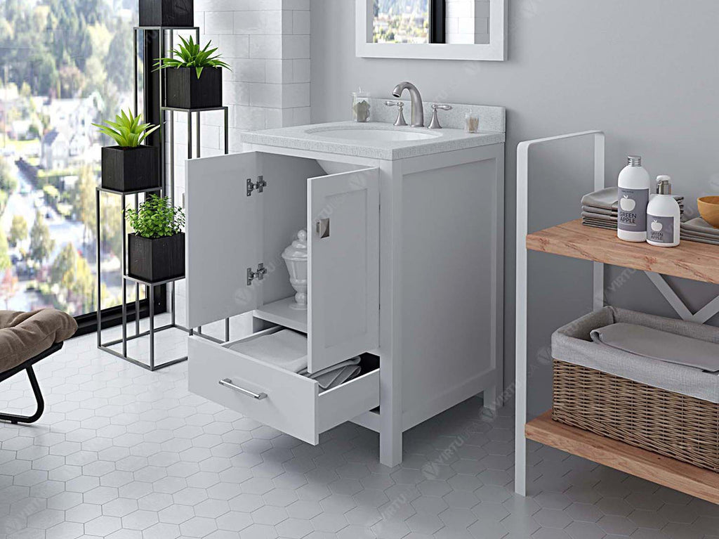 VHG GS-50024-DWQRO-WH-NM Caroline Avenue 24" Single Bath Vanity in White with White Quartz Top and Round Sink