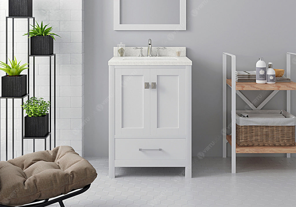 VHG GS-50024-DWQSQ-WH-NM Caroline Avenue 24" Single Bath Vanity in White with White Quartz Top and Square Sink