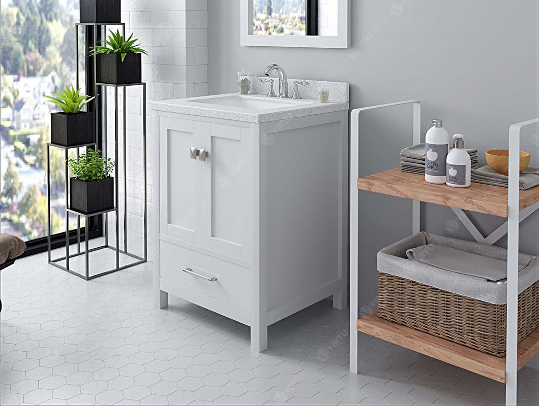 VHG GS-50024-DWQSQ-WH-NM Caroline Avenue 24" Single Bath Vanity in White with White Quartz Top and Square Sink
