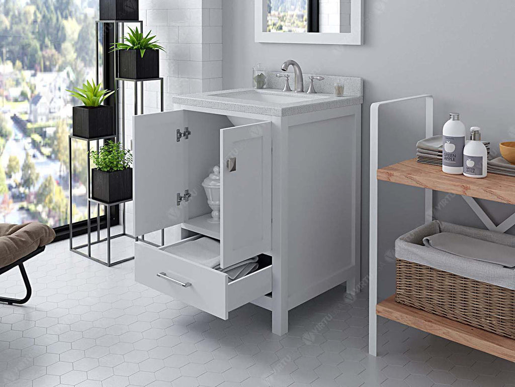 VHG GS-50024-DWQSQ-WH-NM Caroline Avenue 24" Single Bath Vanity in White with White Quartz Top and Square Sink