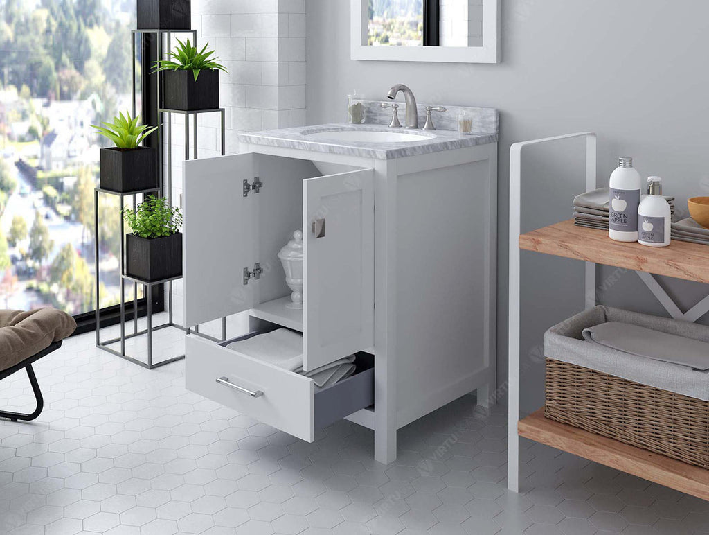 VHG GS-50024-WMRO-WH-NM Caroline Avenue 24" Single Bath Vanity in White with White Marble Top and Round Sink