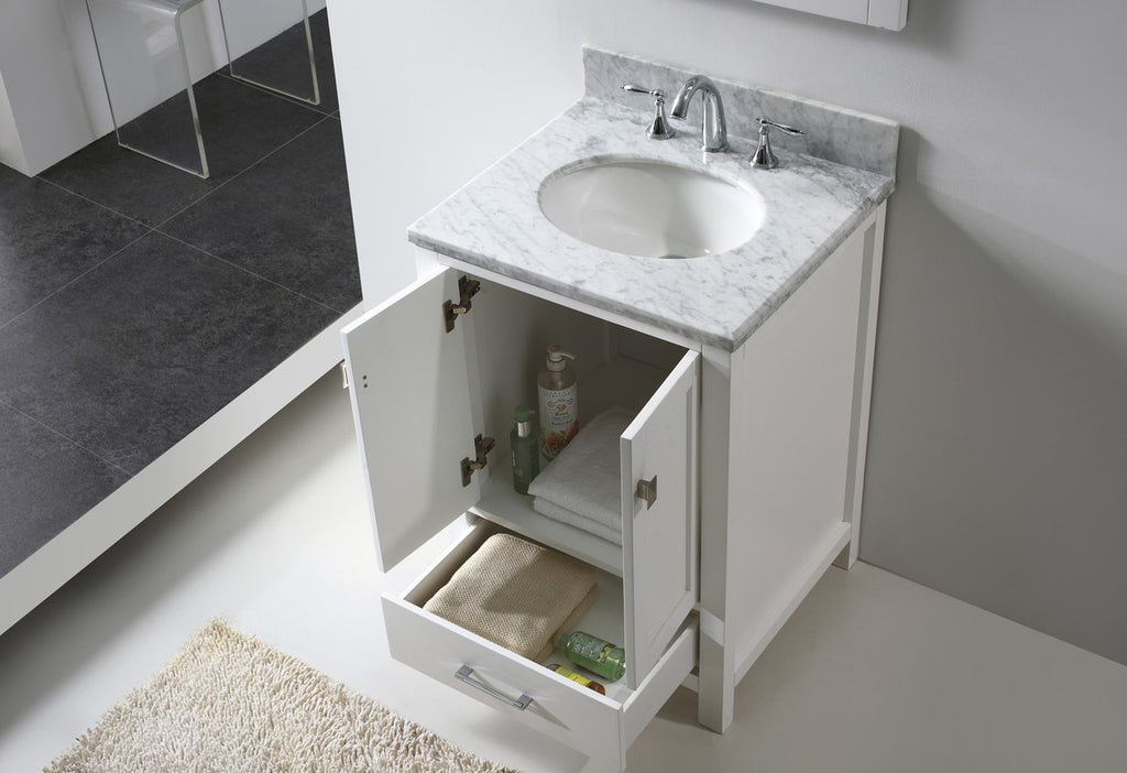 VHG GS-50024-WMRO-WH-NM Caroline Avenue 24" Single Bath Vanity in White with White Marble Top and Round Sink