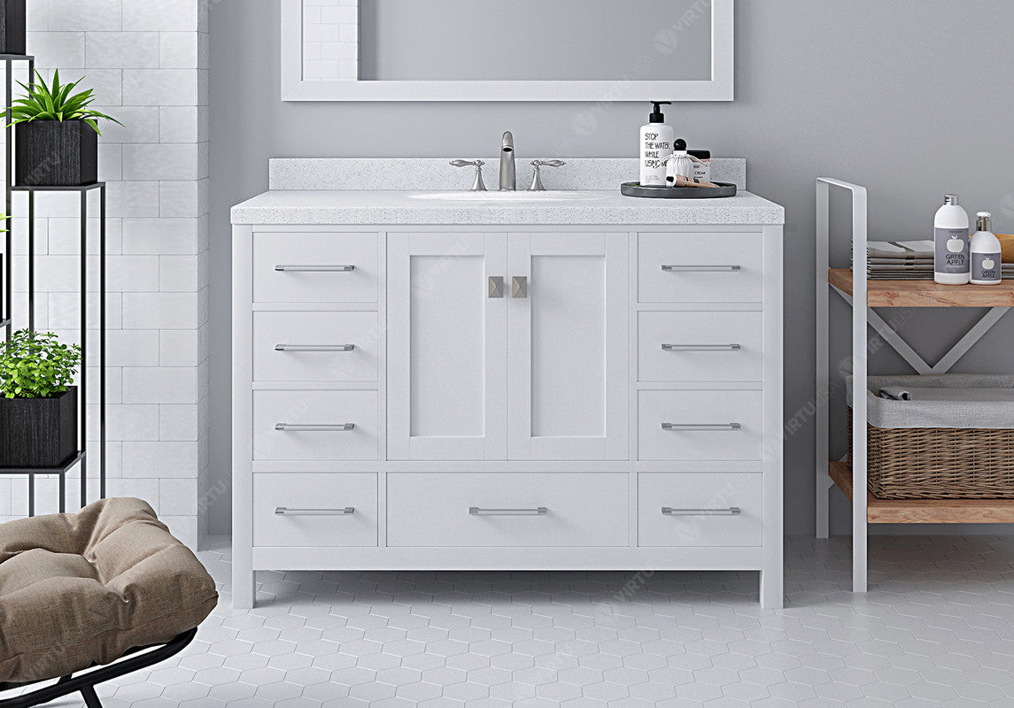 VHG GS-50048-DWQRO-WH-NM Caroline Avenue 48" Single Bath Vanity in White with White Quartz Top and Round Sink