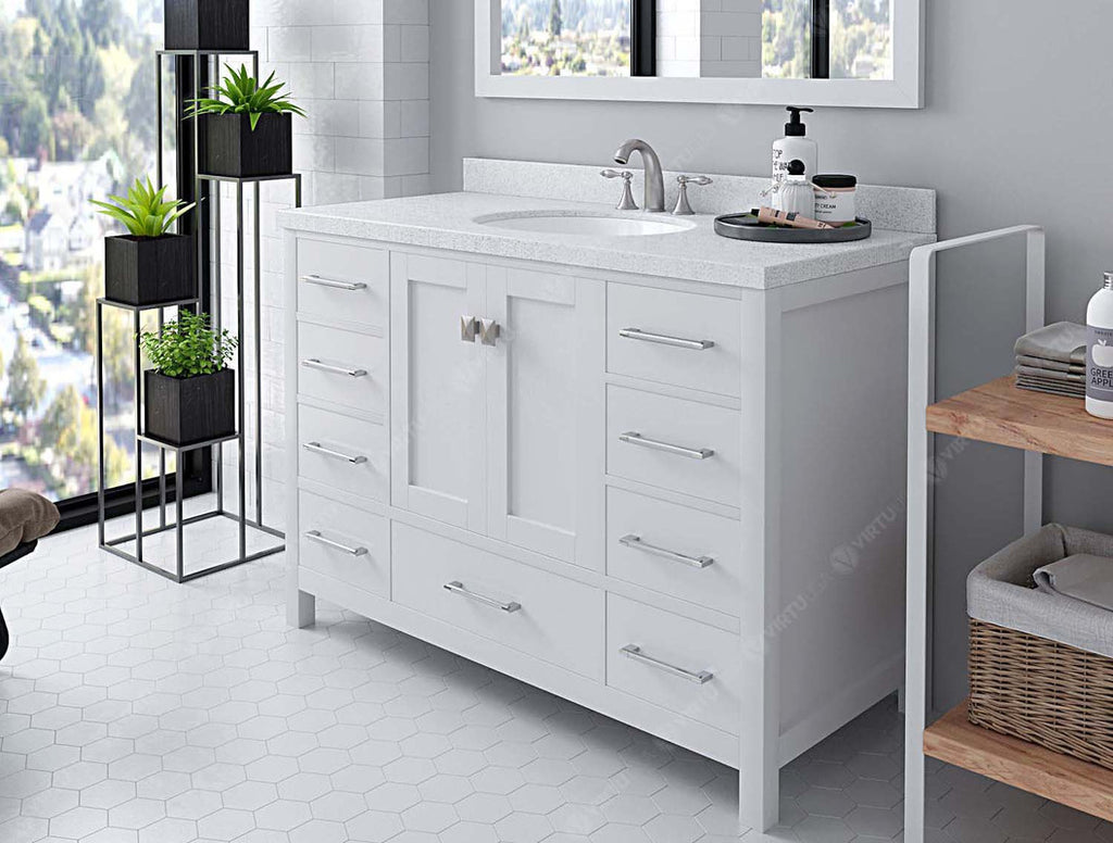 VHG GS-50048-DWQRO-WH-NM Caroline Avenue 48" Single Bath Vanity in White with White Quartz Top and Round Sink