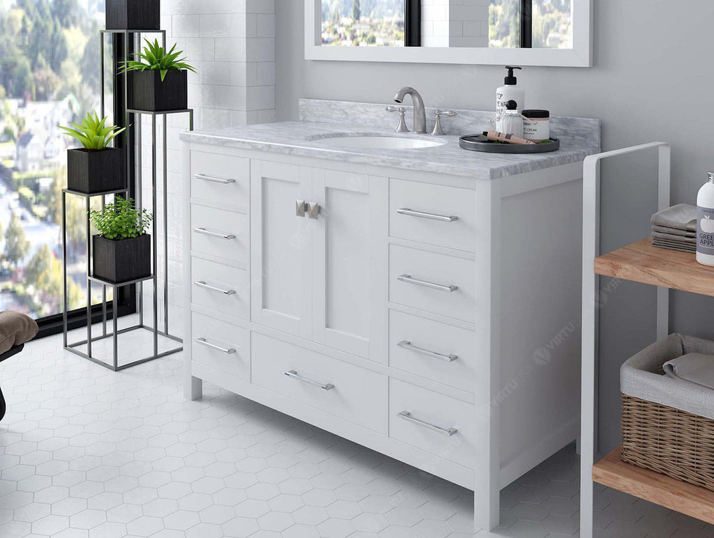 VHG GS-50048-WMRO-WH-NM Caroline Avenue 48" Single Bath Vanity in White with White Marble Top and Round Sink