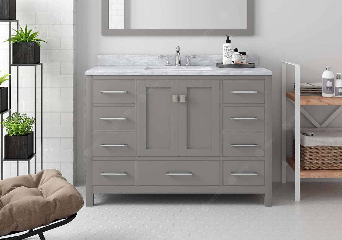 VHG GS-50048-WMSQ-GR-NM Caroline Avenue 48" Single Bath Vanity in Gray with White Marble Top and Square Sink