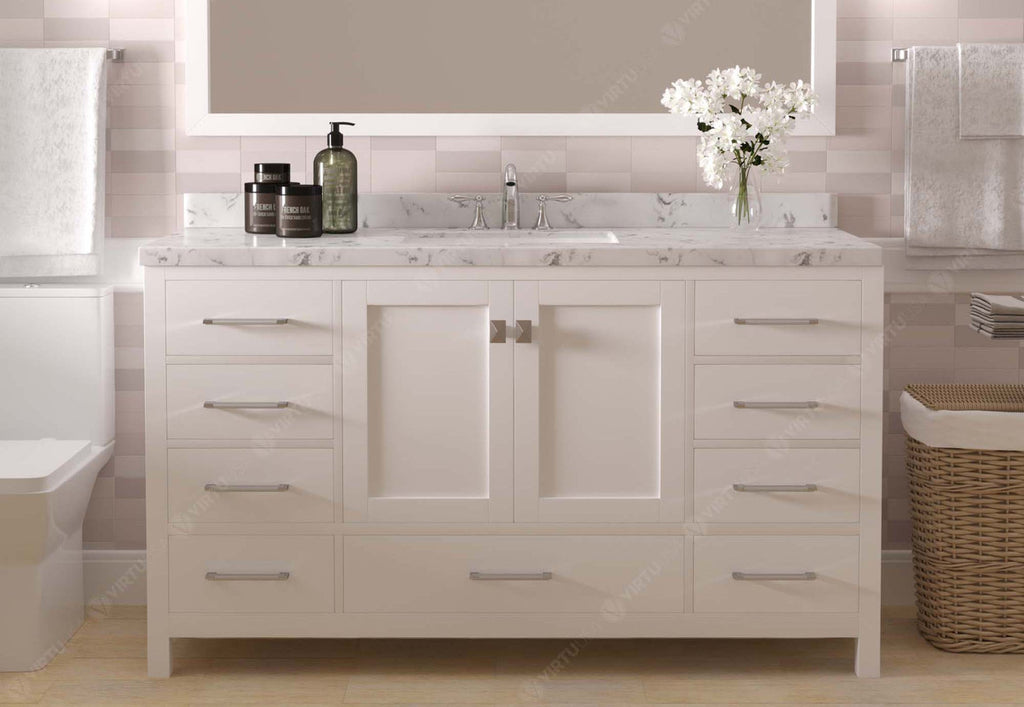 VHG GS-50060-CMSQ-WH-NM Caroline Avenue 60" Single Bath Vanity in White with Cultured Marble Quartz Top and Square Sink
