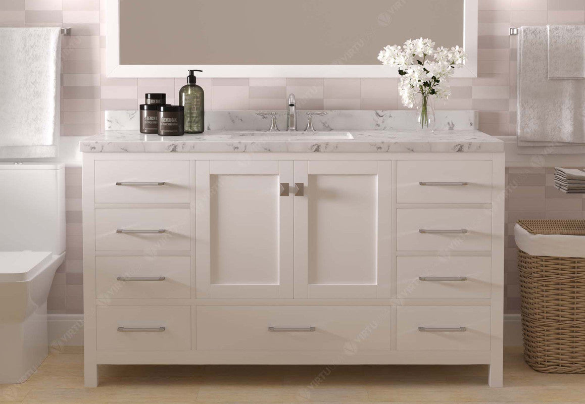 VHG GS-50060-CMSQ-WH-NM Caroline Avenue 60" Single Bath Vanity in White with Cultured Marble Quartz Top and Square Sink