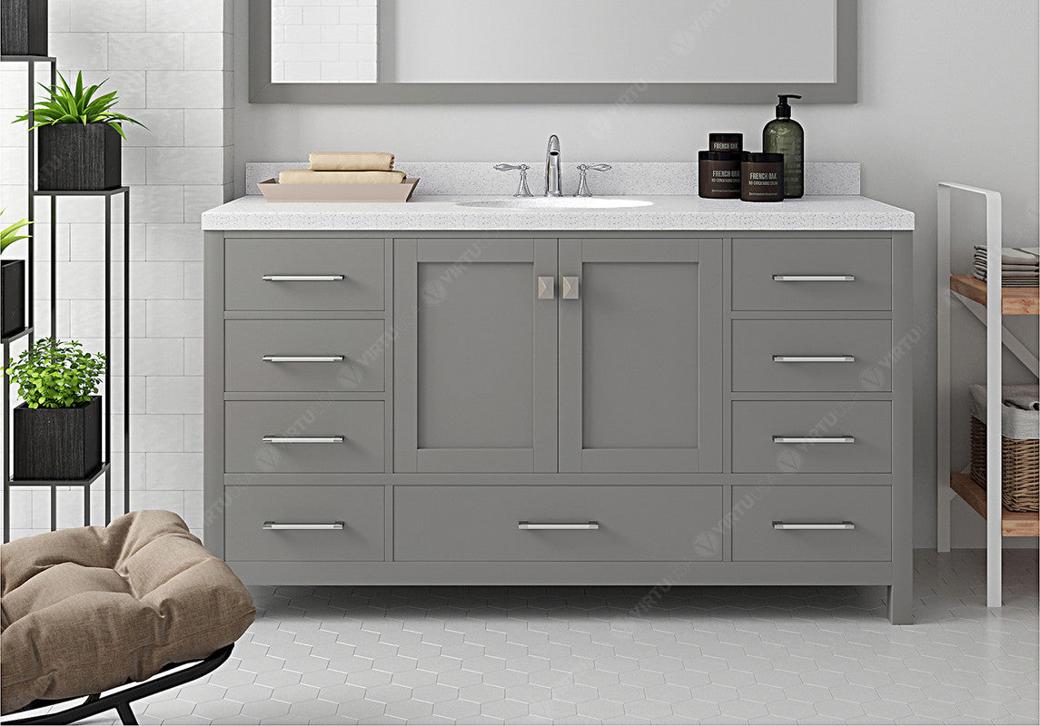 VHG GS-50060-DWQRO-GR-NM Caroline Avenue 60" Single Bath Vanity in Gray with White Quartz Top and Round Sink