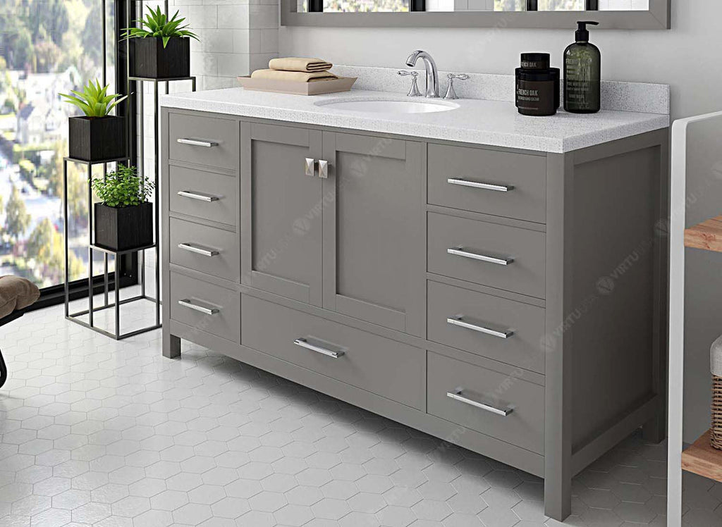 VHG GS-50060-DWQRO-GR-NM Caroline Avenue 60" Single Bath Vanity in Gray with White Quartz Top and Round Sink
