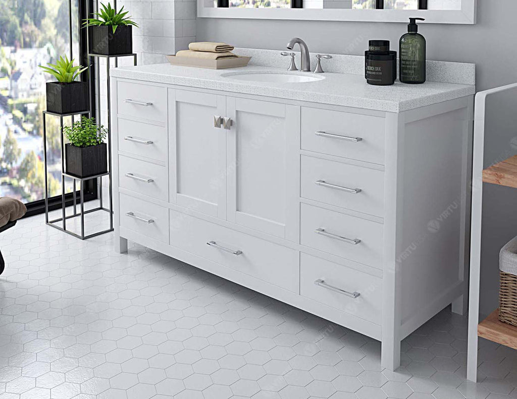 VHG GS-50060-DWQRO-WH-NM Caroline Avenue 60" Single Bath Vanity in White with White Quartz Top and Round Sink