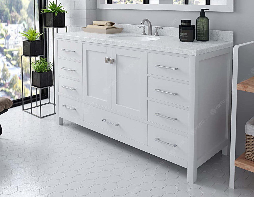 VHG GS-50060-DWQRO-WH-NM Caroline Avenue 60" Single Bath Vanity in White with White Quartz Top and Round Sink