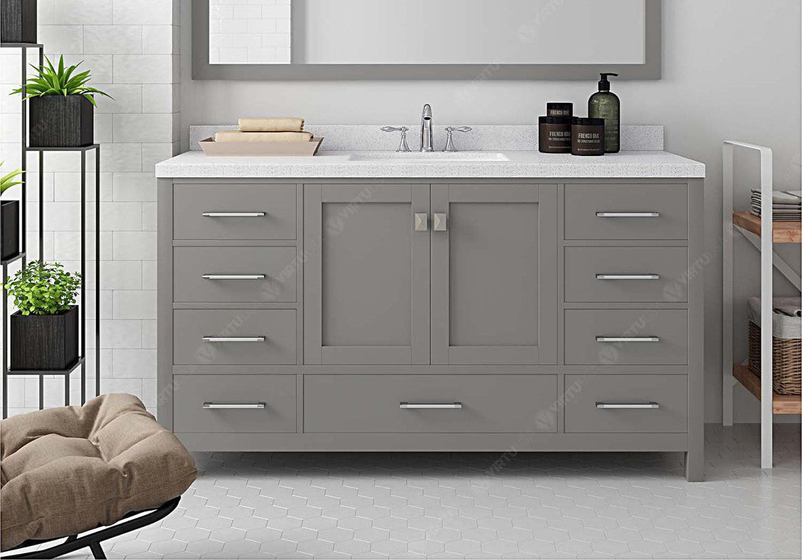 VHG GS-50060-DWQSQ-GR-NM Caroline Avenue 60" Single Bath Vanity in Gray with White Quartz Top and Square Sink