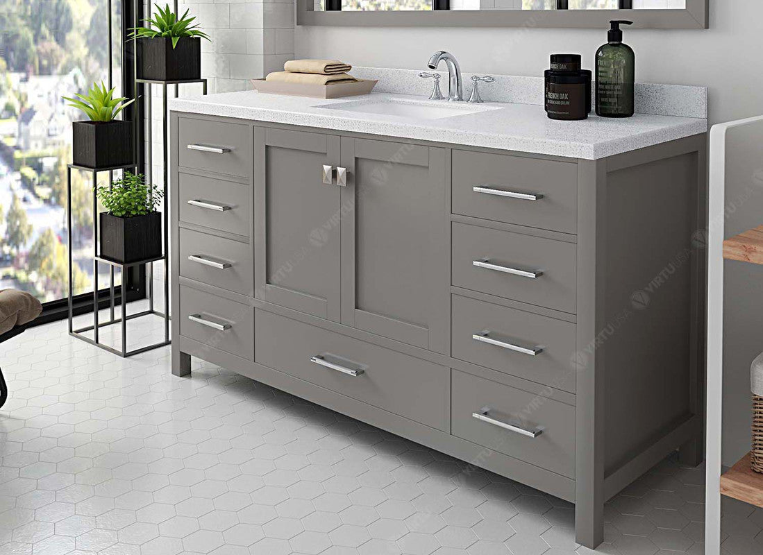 VHG GS-50060-DWQSQ-GR-NM Caroline Avenue 60" Single Bath Vanity in Gray with White Quartz Top and Square Sink