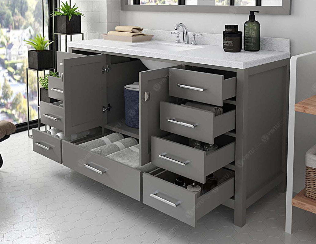 VHG GS-50060-DWQSQ-GR-NM Caroline Avenue 60" Single Bath Vanity in Gray with White Quartz Top and Square Sink