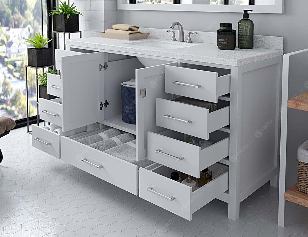 VHG GS-50060-DWQSQ-WH-NM Caroline Avenue 60" Single Bath Vanity in White with White Quartz Top and Square Sink